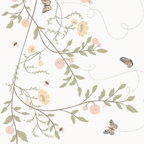 Wedding bliss pattern with butterflies and bees, with yellow and pink flowers in green leaves