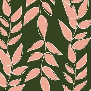 Leaves on branches in pink on dark green fabric