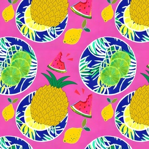 Bold retro tropical fruits on pink