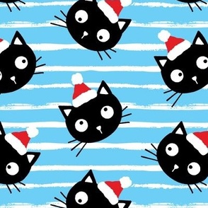 Cute Christmas black cats with santa hats, blue white stripes, Christmas fabric WB23