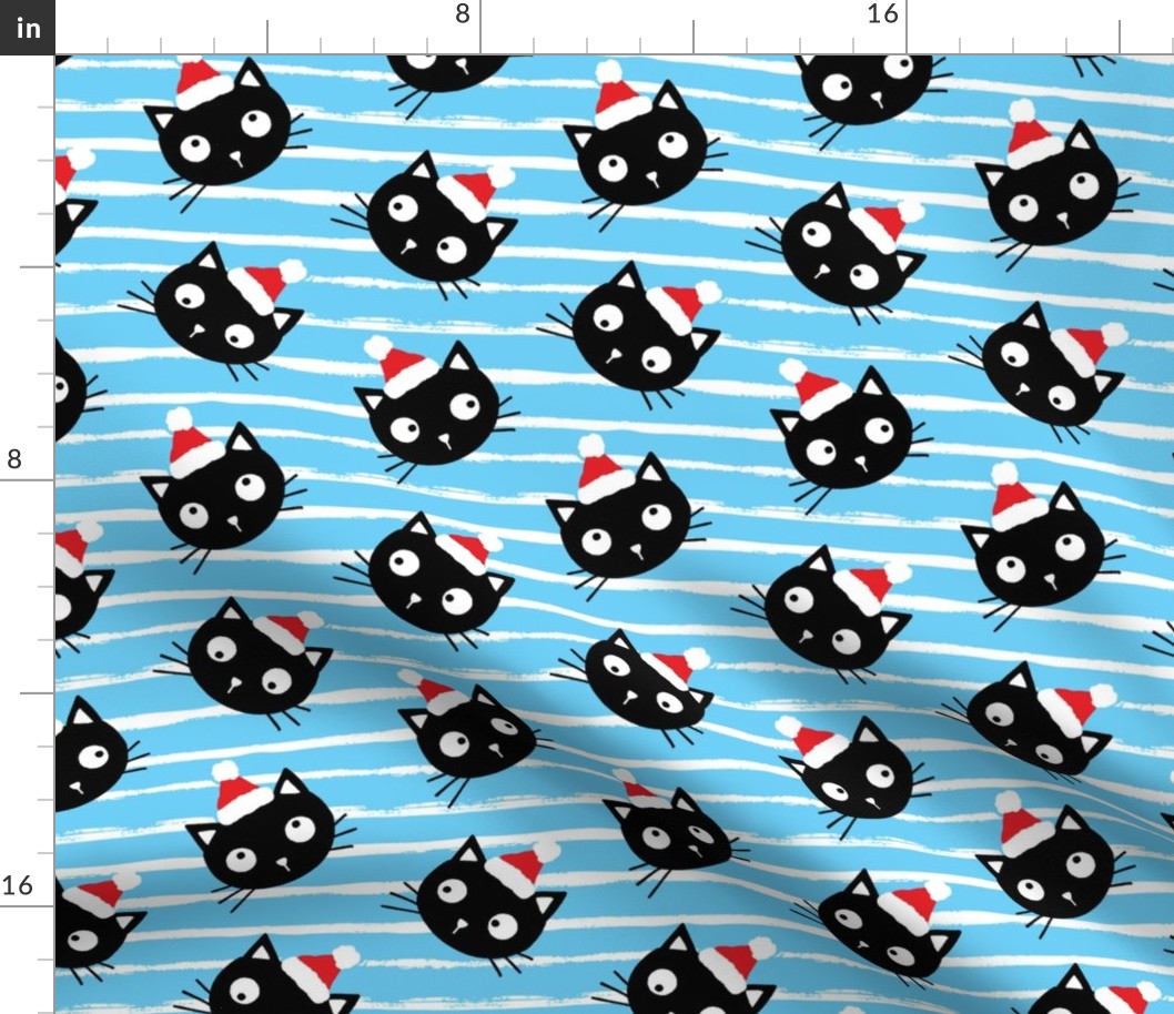 Cute Christmas black cats with santa hats, blue white stripes, Christmas fabric WB23