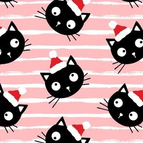Cute Christmas black cats with santa hats, blush white stripes, Christmas fabric WB23