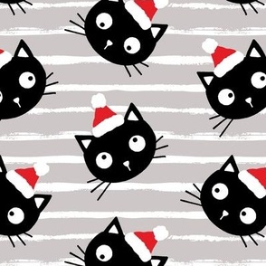 Cute Christmas black cats with santa hats, gray white stripes, Christmas fabric WB23