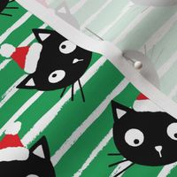 Cute Christmas black cats with santa hats, green white stripes, Christmas fabric WB23 medium scale