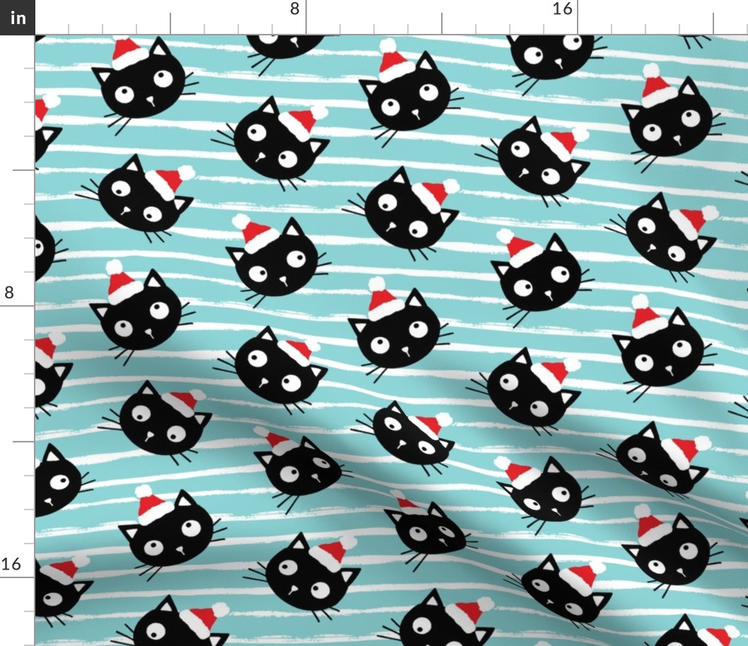 Cute Christmas black cats with santa hats, turquoise white stripes, Christmas fabric WB23