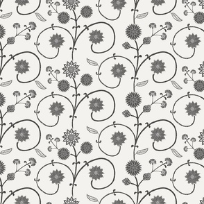Block print garden flowers trailing branches black and white - medium scale