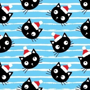 Cute Christmas black cats with santa hats, blue white stripes, Christmas fabric WB23 medium scale