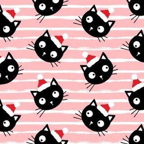 Cute Christmas black cats with santa hats, blush white stripes, Christmas fabric WB23 medium scale