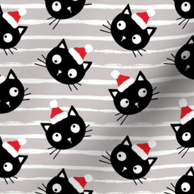 Cute Christmas black cats with santa hats, gray white stripes, Christmas fabric WB23 medium scale