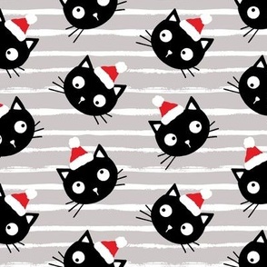 Cute Christmas black cats with santa hats, gray white stripes, Christmas fabric WB23 medium scale