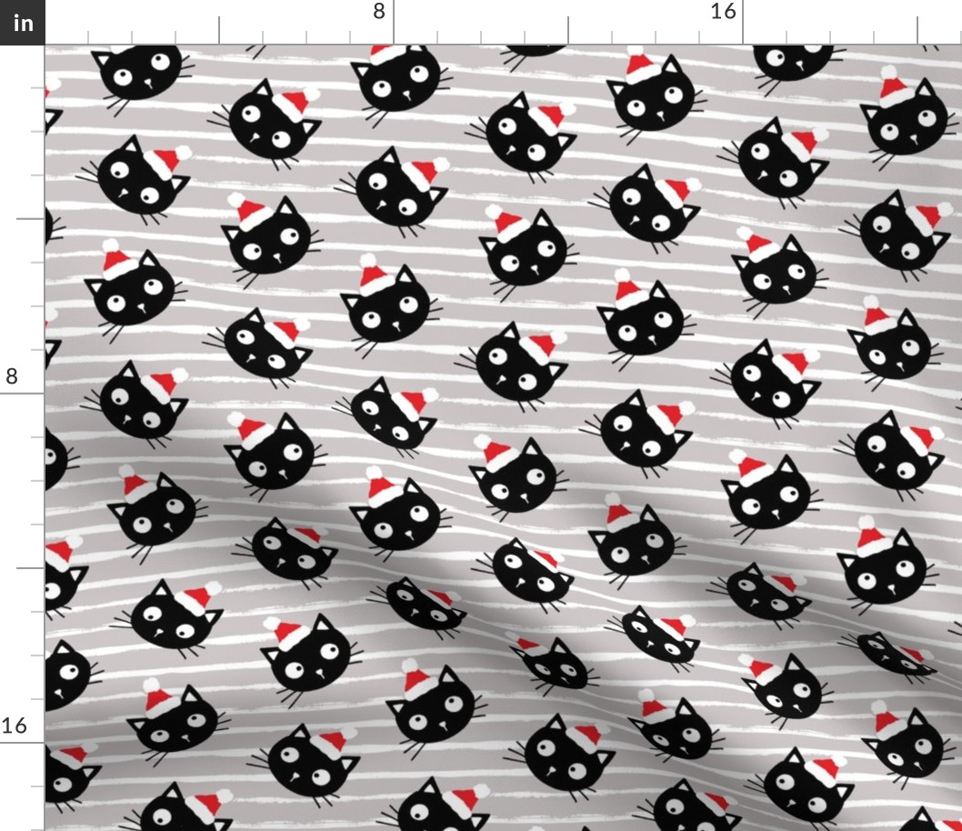 Cute Christmas black cats with santa hats, gray white stripes, Christmas fabric WB23 medium scale
