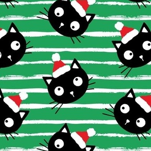 Cute Christmas black cats with santa hats, green white stripes, Christmas fabric WB23