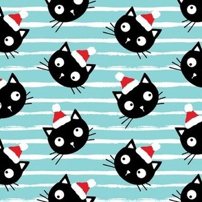 Cute Christmas black cats with santa hats, turquoise white stripes, Christmas fabric WB23