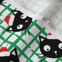 Cute Christmas black cats with santa hats, white and green checks, Christmas fabric WB23 medium scale