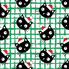 Cute Christmas black cats with santa hats, white and green checks, Christmas fabric WB23 medium scale