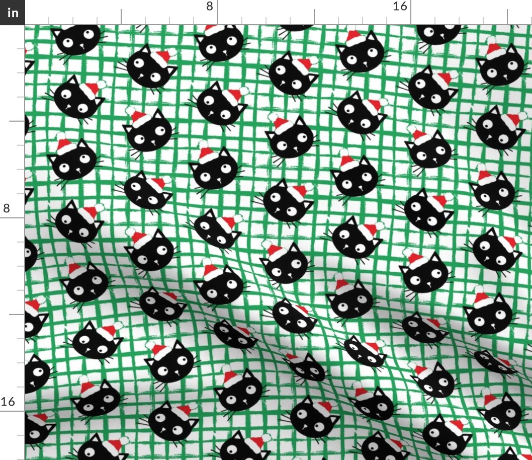 Cute Christmas black cats with santa hats, white and green checks, Christmas fabric WB23 medium scale