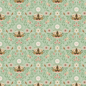 Lunar Moth Meadow, pastelgreen, 8 in, moonlight floral with little birds 