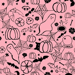 Spooky witchy graffiti,  bright halloween fabric, pink halloween