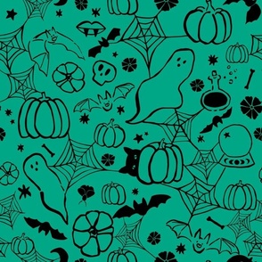 Spooky witchy graffiti,  bright halloween fabric, black on green