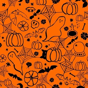 Spooky witchy graffiti,  bright halloween fabric, black on orange