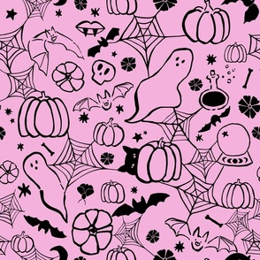 Spooky witchy graffiti,  bright halloween fabric, black on cherry blossom pink