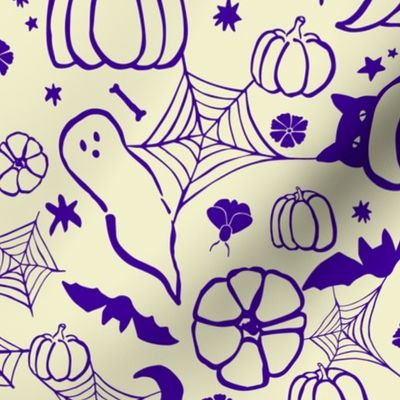 Spooky witchy graffiti,  bright halloween fabric, indigo on lemon