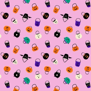 Trick or treat halloween candy buckets, boo bags, tossed, non-directional, bright halloween fabric, pink