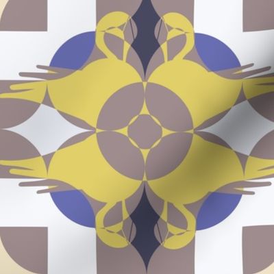 Geometric Tiled Swan Reflection - Fawn, yellow, blue and light grey - Large