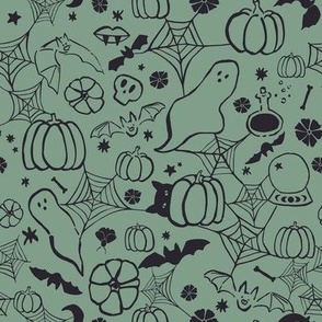 Spooky witchy graffiti, boho halloween fabric, charcoal on sage green