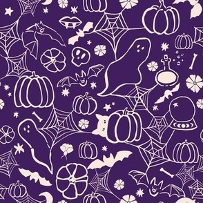Spooky witchy graffiti, boho halloween fabric, cream on purple grape background