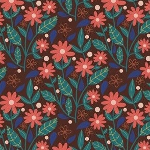 Summer Florals in Coral, Green, and Blue on a Dark Brown Background // 4x4