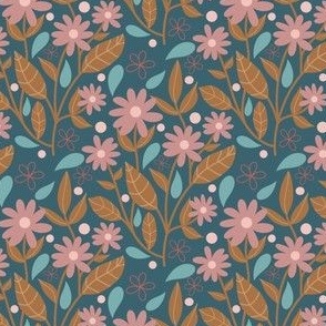 Summer Florals in Pink, Blue, and Gold on a Dark Teal Background // 4x4