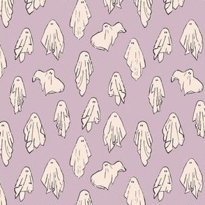 Sheet ghosts, halloween fabric boho - cream on pale thistle purple