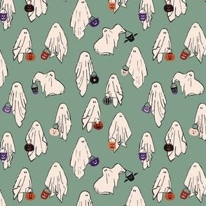 Sheet ghosts with candy buckets, halloween fabric boho - cream on sage