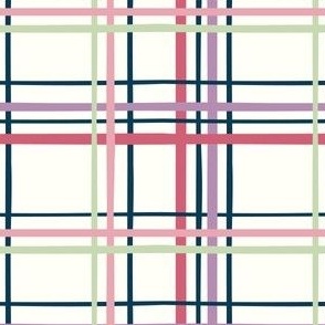 Cream White Plaid Stripes with pink, green, purple, and blue stripes