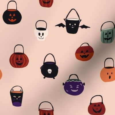 Trick or treat candy buckets, boho halloween fabric, muted, pale dogwood background