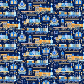 Totally Trains -Super Steamers - Retro Rail Locomotives - Navy Blue + Bright Orange