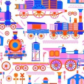 Totally Trains - Super Steamers - Bright Retro Rail Locomotives - Pink + Blue