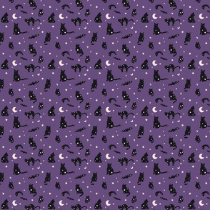 Starry cats and bats, Spooky night sky, boho, black on grape purple
