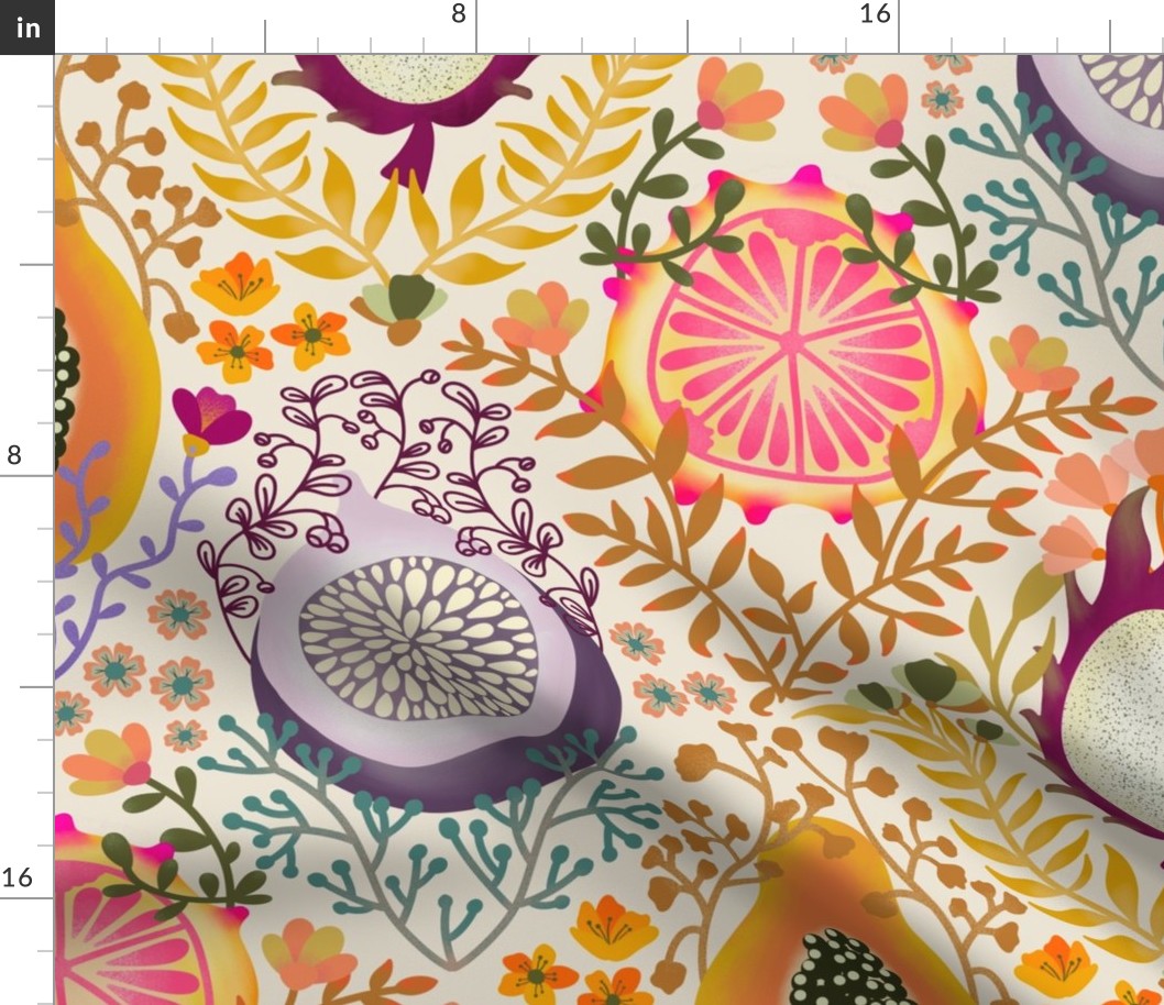 Retro Tropical Fruits // large // gold, purple, fuchsia, vines