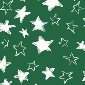 Holiday christmas watercolor white stars over emerald green background