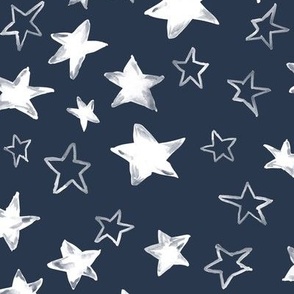Holiday watercolor white stars over navy blue background