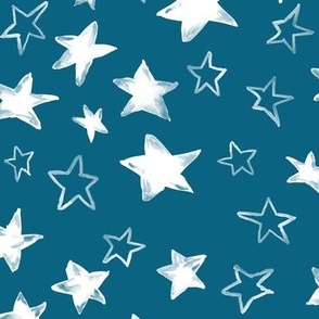 Holiday christmas watercolor white stars over blue peacock background