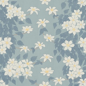 Trailing floral in dusty blue, petrol blue, white and yellow