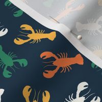 (small scale) lobsters - multi green/orange on dark blue -  LAD23
