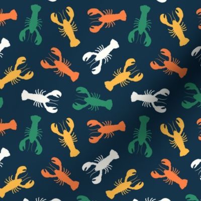 (small scale) lobsters - multi green/orange on dark blue -  LAD23