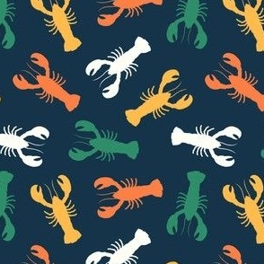 (small scale) lobsters - multi green/orange on dark blue -  LAD23