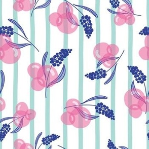 Navy Blue Flowers and Pink Bubbles on Teal Stripes on White