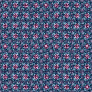 pink and blue flowers stacked with white white dots