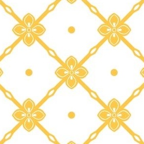 Yellow gold  diagonal garden trellis with simple geometric flower on white